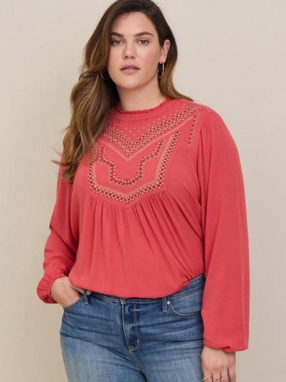 Torrid Relaxed Embroidered Blouse, Fall, Bohemian, Peach, Size 1X, Plus